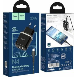 Hoco Φορτιστής με 2 Θύρες USB-A και Καλώδιο USB-C Μαύρος (N4 Aspiring)