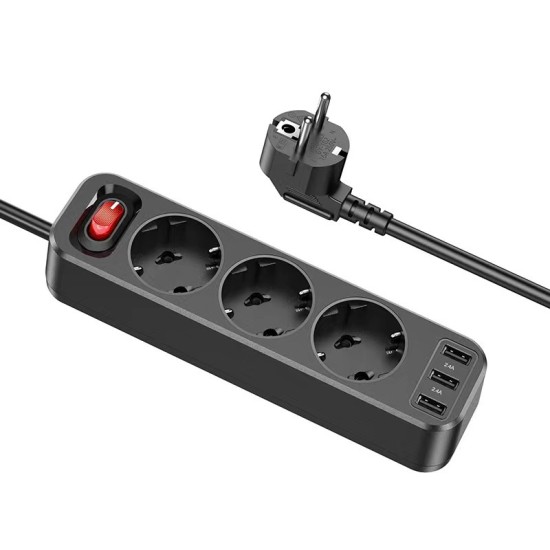 Hoco NS2 Aura Πολύπριζο 3 Θέσεων με 3 USB-A, Διακόπτη και Καλώδιο 1.8m Hoco NS2 Aura Πολύπριζο 3 Θέσεων με 3 USB-A, Διακόπτη και Καλώδιο 1.8m