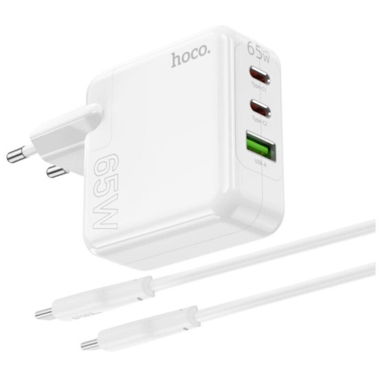 Hoco Φορτιστής με Θύρα USB-A και 2 Θύρες USB-C και Καλώδιο USB-C - USB-C 100W Power Delivery / Quick Charge 3.0 Λευκός (C115A)