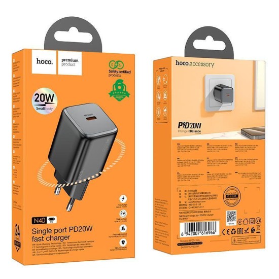 Hoco Φορτιστής Χωρίς Καλώδιο με Θύρα USB-C 20W Μαύρος (N40 Mighty)