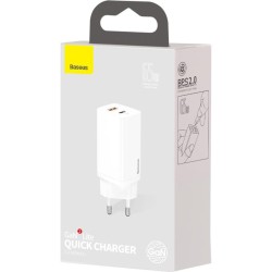 BASEUS GAN 2 LITE ΦΟΡΤΙΣΤΗΣ ΓΡΗΓΟΡΗΣ ΦΟΡΤΙΣΗΣ, 2 ΘΥΡΕΣ, 65W, ΛΕΥΚΟΣ