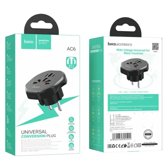  Hoco AC6 Travel Power Universal Adapter Plug (EU Plug)