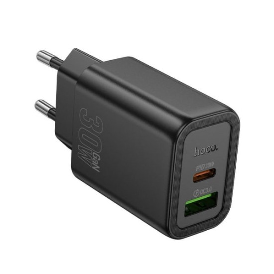 Φορτιστής τοίχου Hoco N63, 30W, 3A, 1 x USB-A – 1 x USB-C, Μαύρο