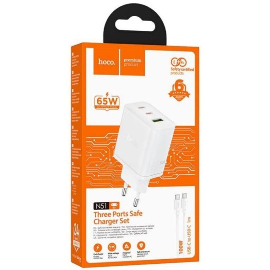 Hoco Φορτιστής με Θύρα USB-A και 2 Θύρες USB-C και Καλώδιο USB-C - USB-C 65W Power Delivery Λευκός (N51 Scenery) Hoco Φορτιστής με Θύρα USB-A και 2 Θύρες USB-C και Καλώδιο USB-C - USB-C 65W Power Delivery Λευκός (N51 Scenery)