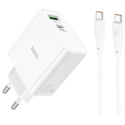 Hoco Φορτιστής με Θύρα USB-A και Θύρα USB-C και Καλώδιο USB-C 65W Power Delivery Λευκός