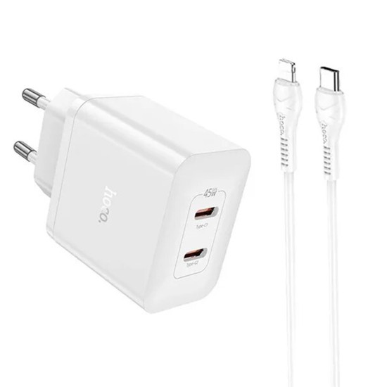 Hoco Φορτιστής και Καλώδιο Lightning Λευκός (Dual) 45W